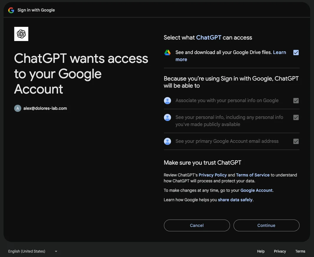 Google consent screen for ChatGPT access to Google Drive files with Continue button