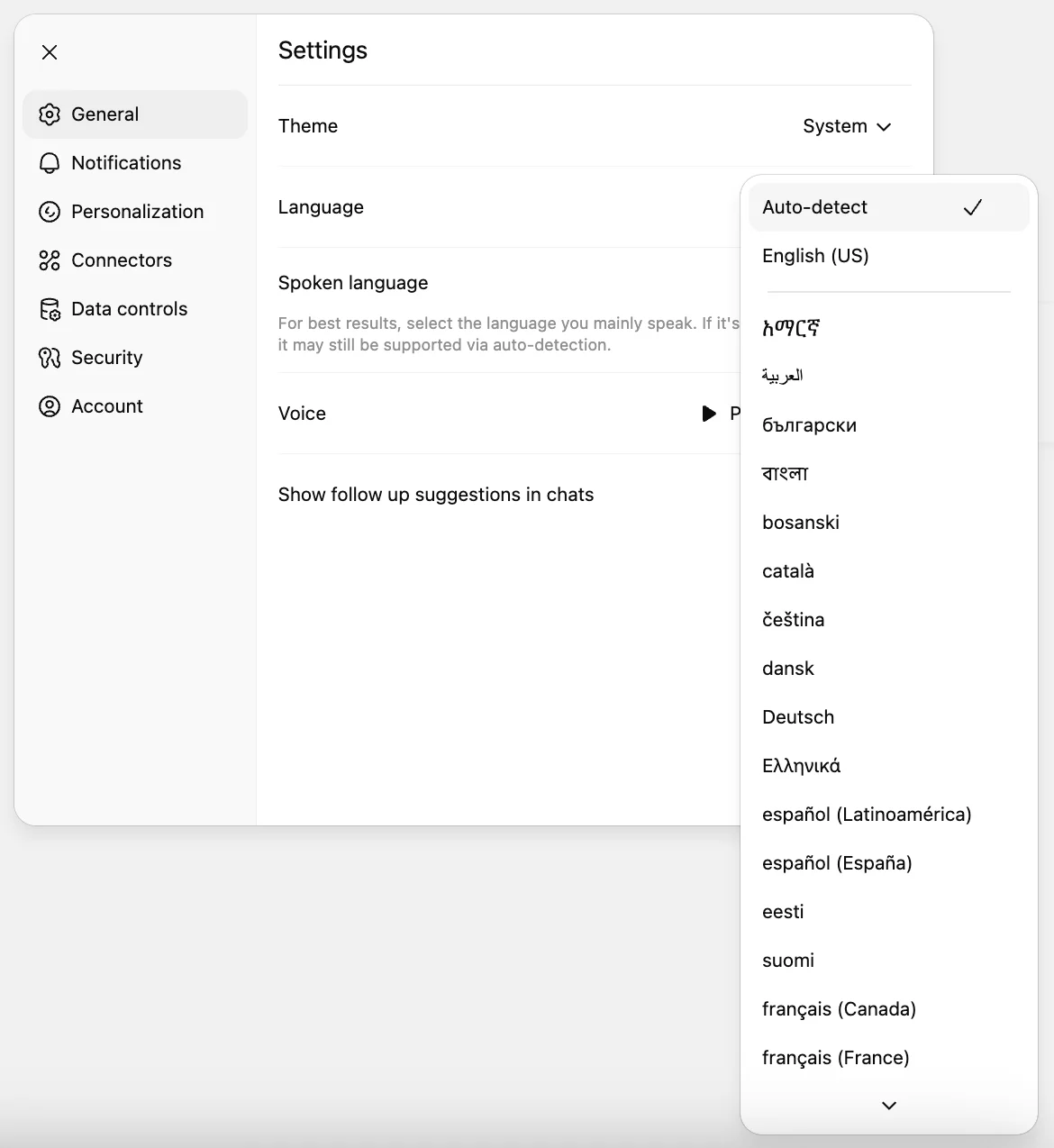 ChatGPT Settings > General with the Language menu open and Auto-detect selected