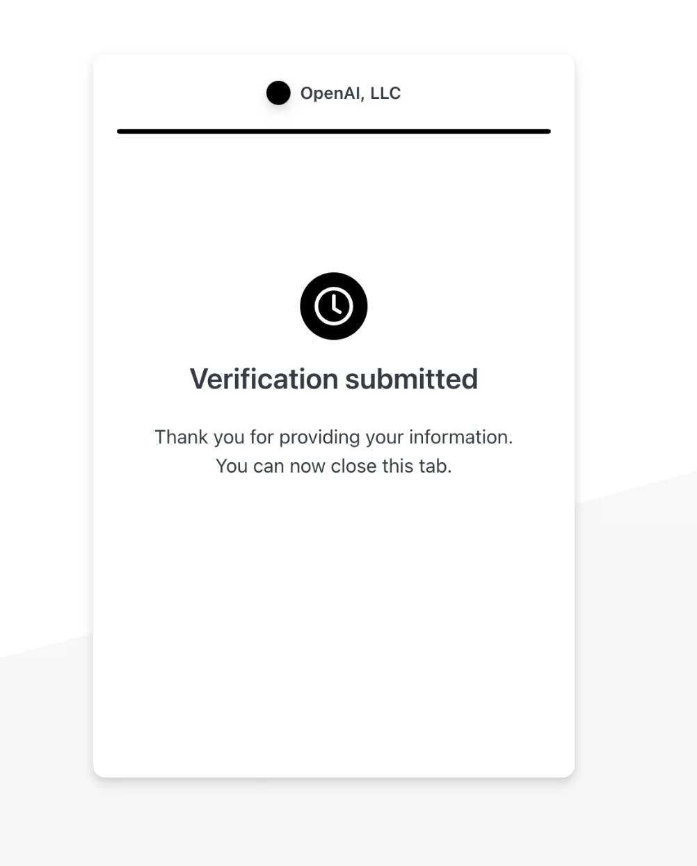 OpenAI age verification confirmation page stating Verification submitted and that you can close the tab