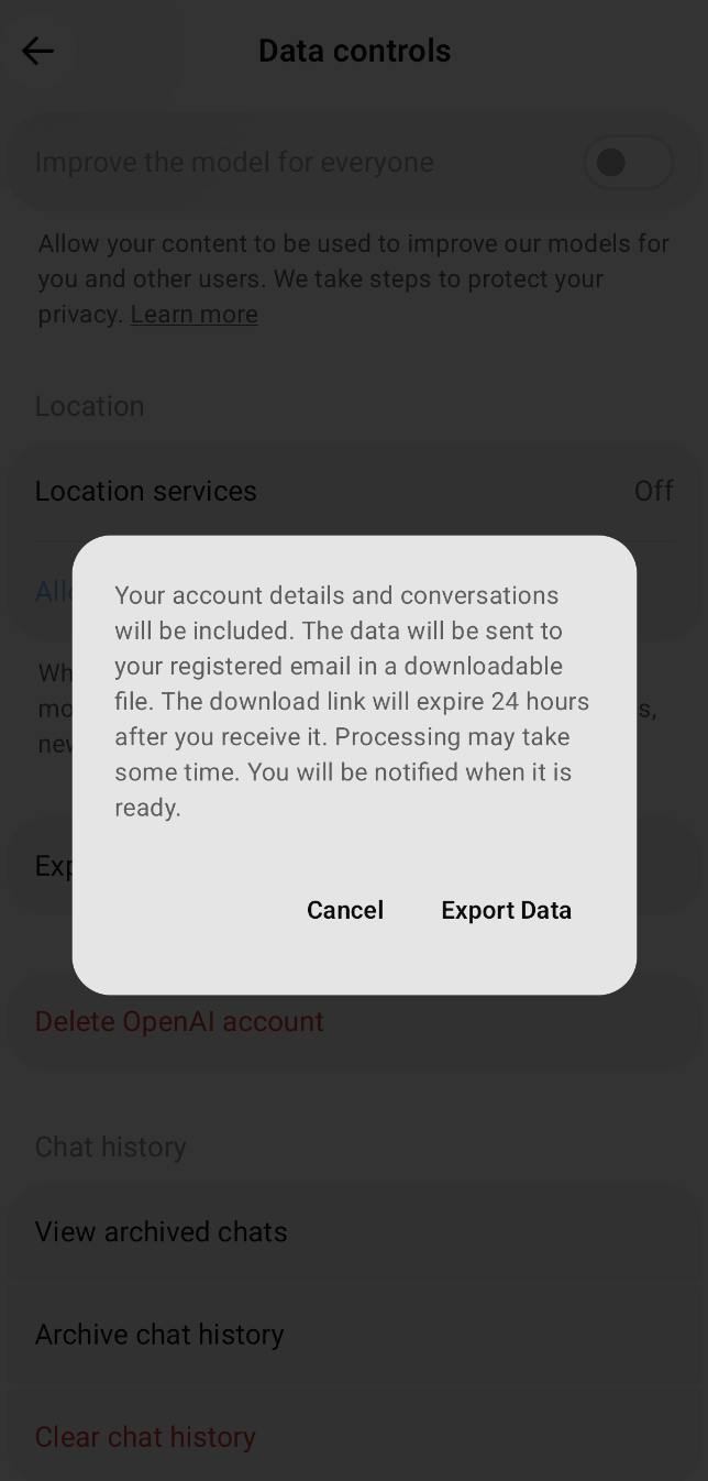 ChatGPT Android Data Controls screen with Export Data option under Account