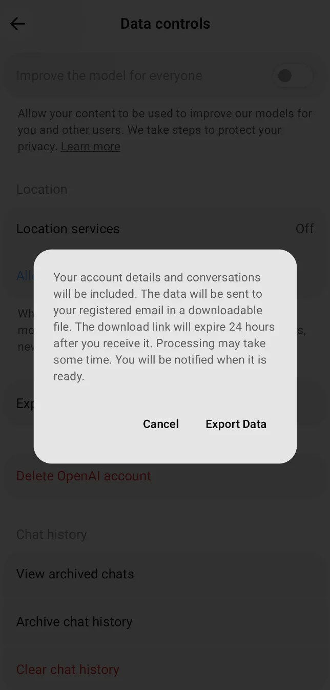 ChatGPT Android Data Controls screen with Export Data option under Account