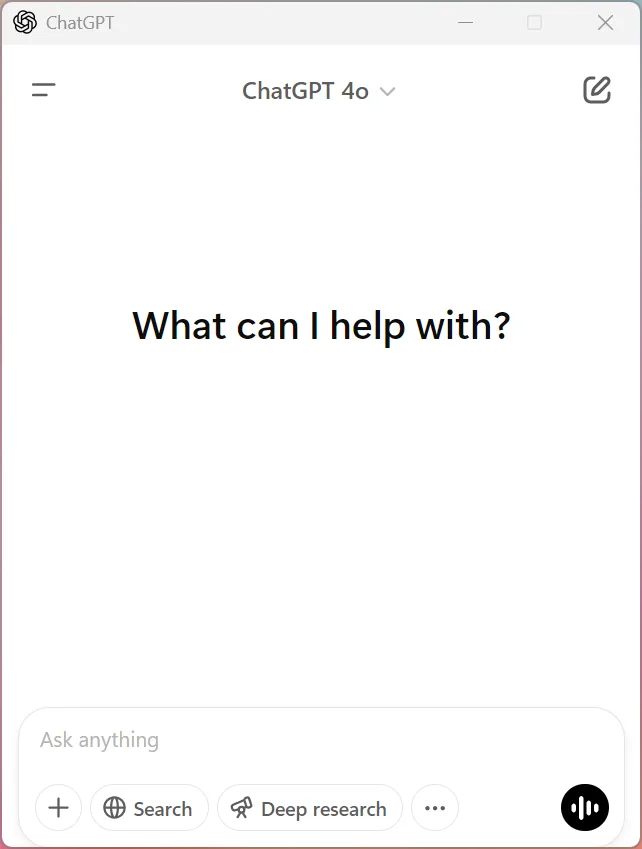 ChatGPT Windows app home screen with ChatGPT 4o selected and a new chat ready