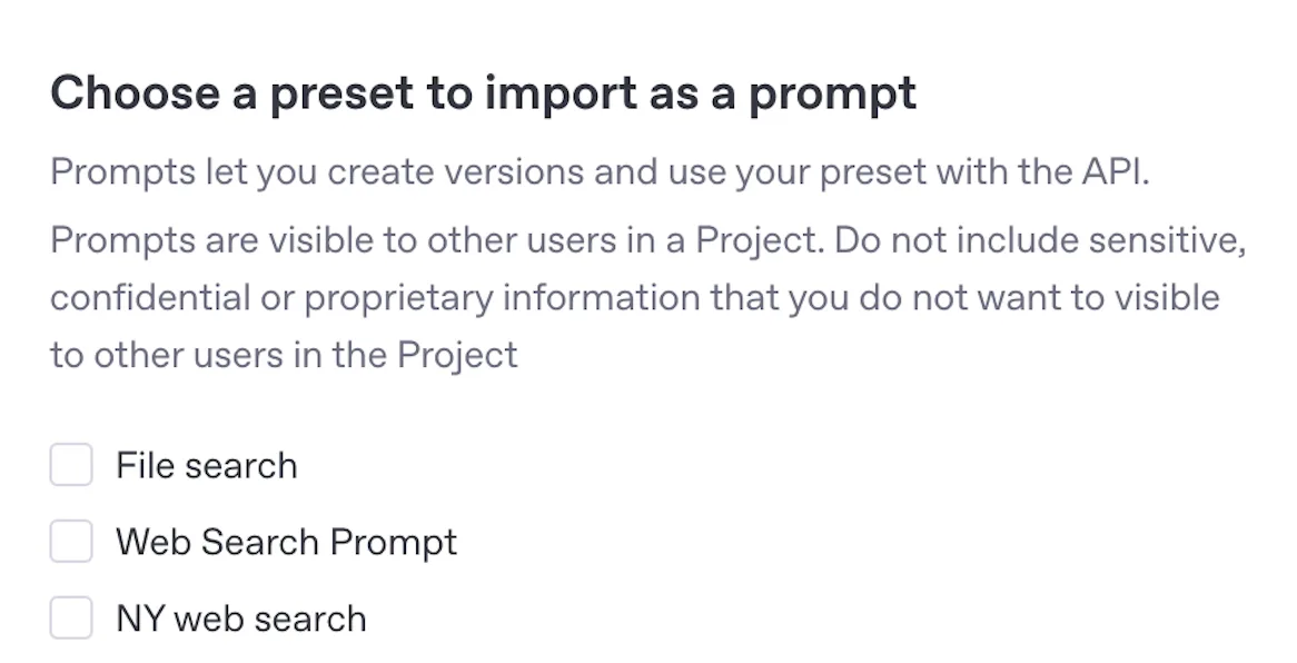 Import preset as prompt dialog with preset options and a warning that prompts are visible to project users