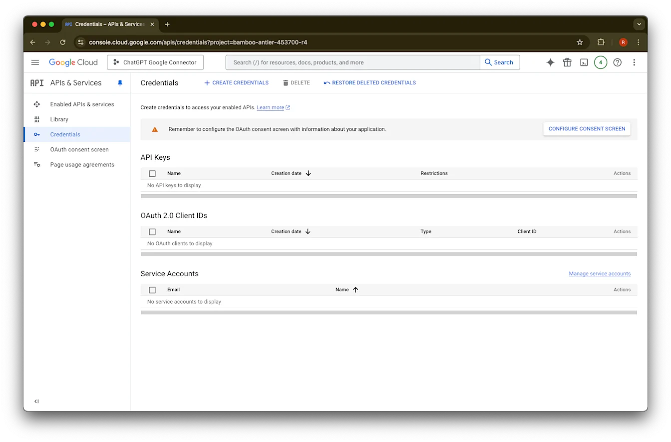 Google Cloud APIs & Services Credentials page with Configure consent screen button