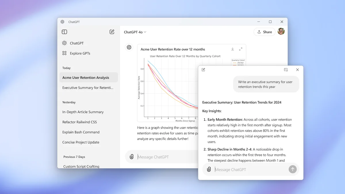 ChatGPT Windows app with a retention chart and a separate window drafting an executive summary