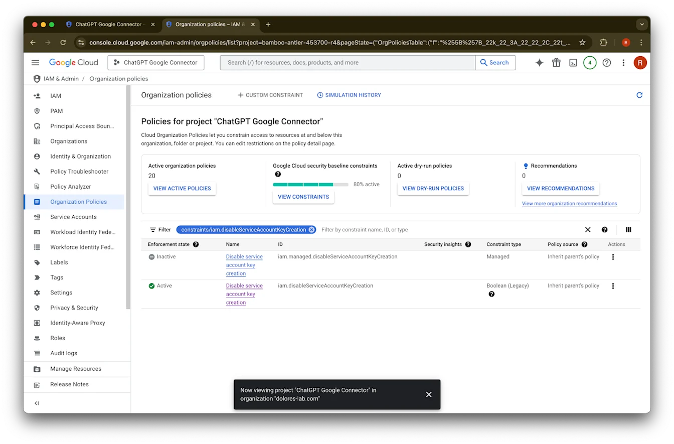 Organization policies filtered to Disable service account key creation for the ChatGPT Google Connector project