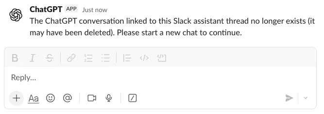 Slack thread message from the ChatGPT app saying the linked conversation no longer exists and to start a new chat