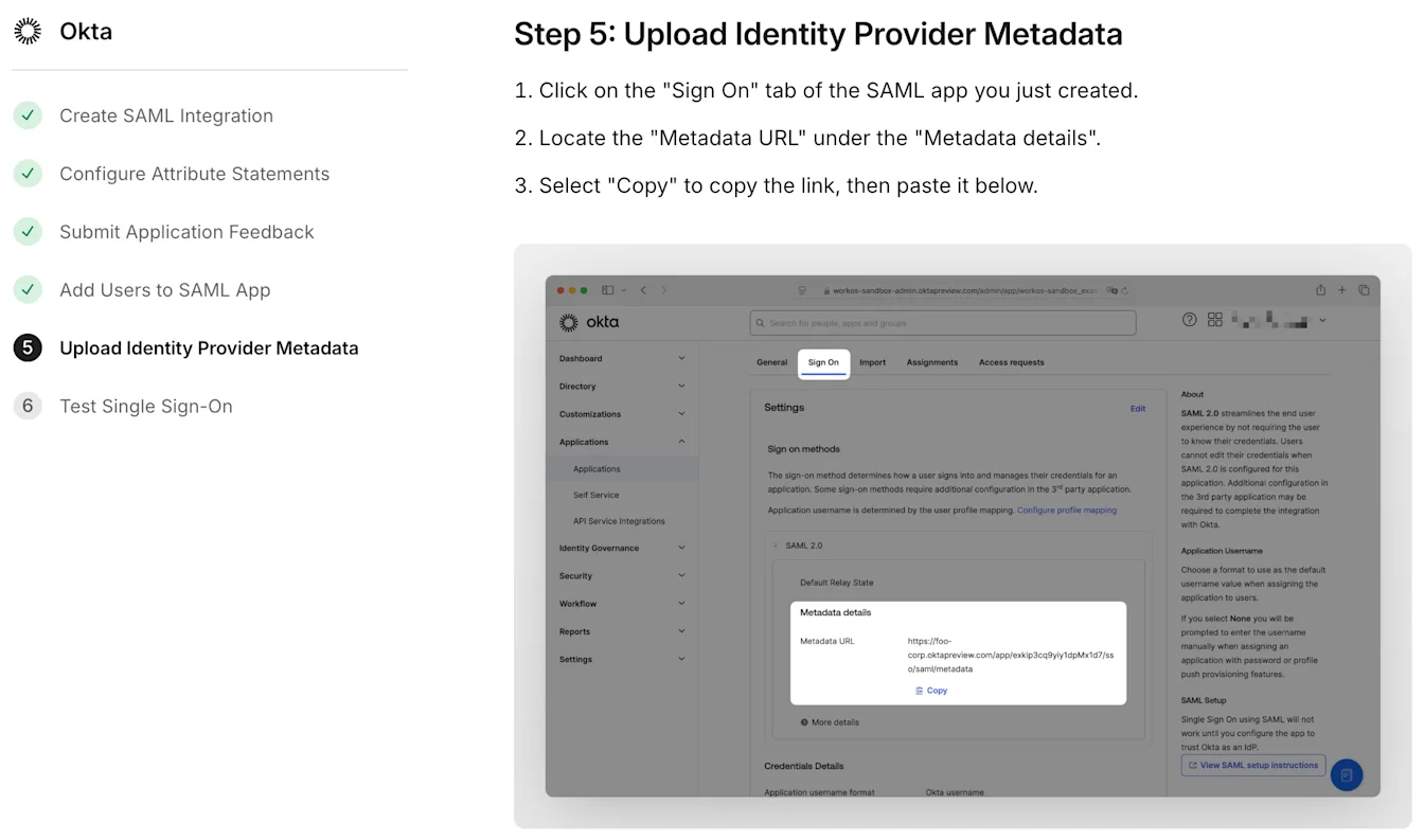 Okta SAML app Sign On tab with Metadata URL and Copy action for uploading identity provider metadata