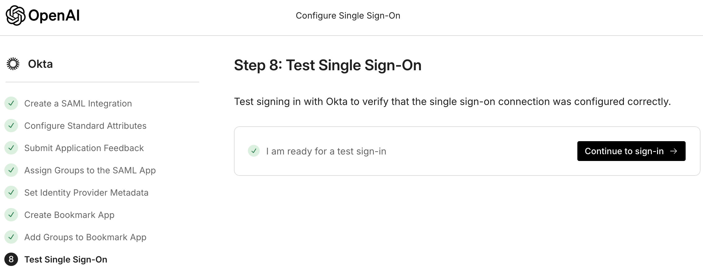 OpenAI Configure Single Sign-On step 8 with Continue to sign-in button to test Okta SSO