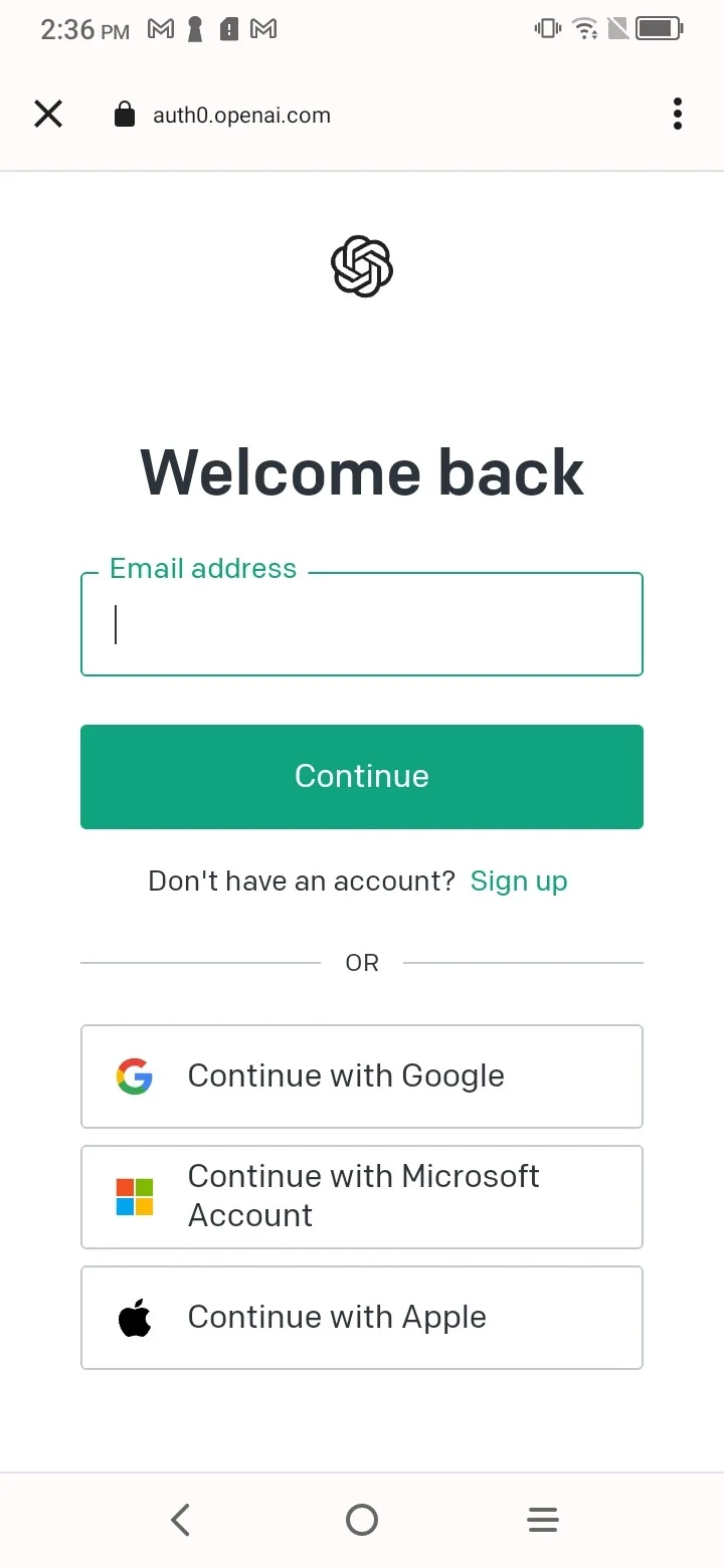 OpenAI sign-in page on Android with Continue with Microsoft Account option