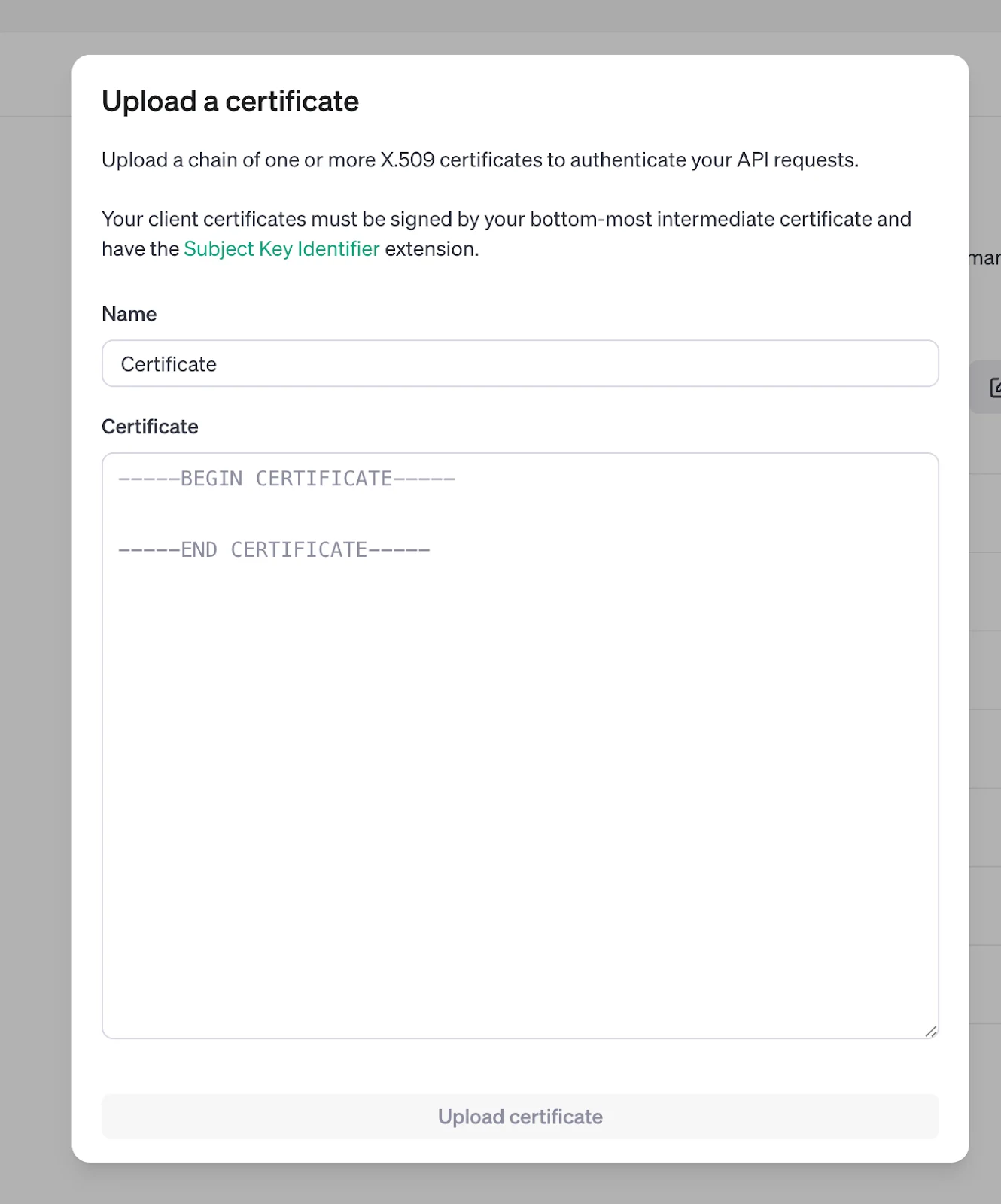 Upload a certificate dialog for mutual TLS with name field and PEM certificate text area