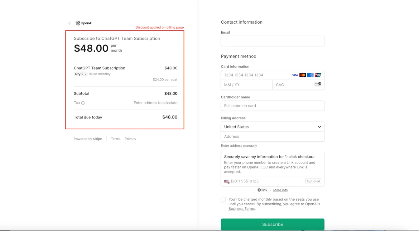ChatGPT Team checkout page with discount reflected in the billing summary at $48.00 for 2 seats