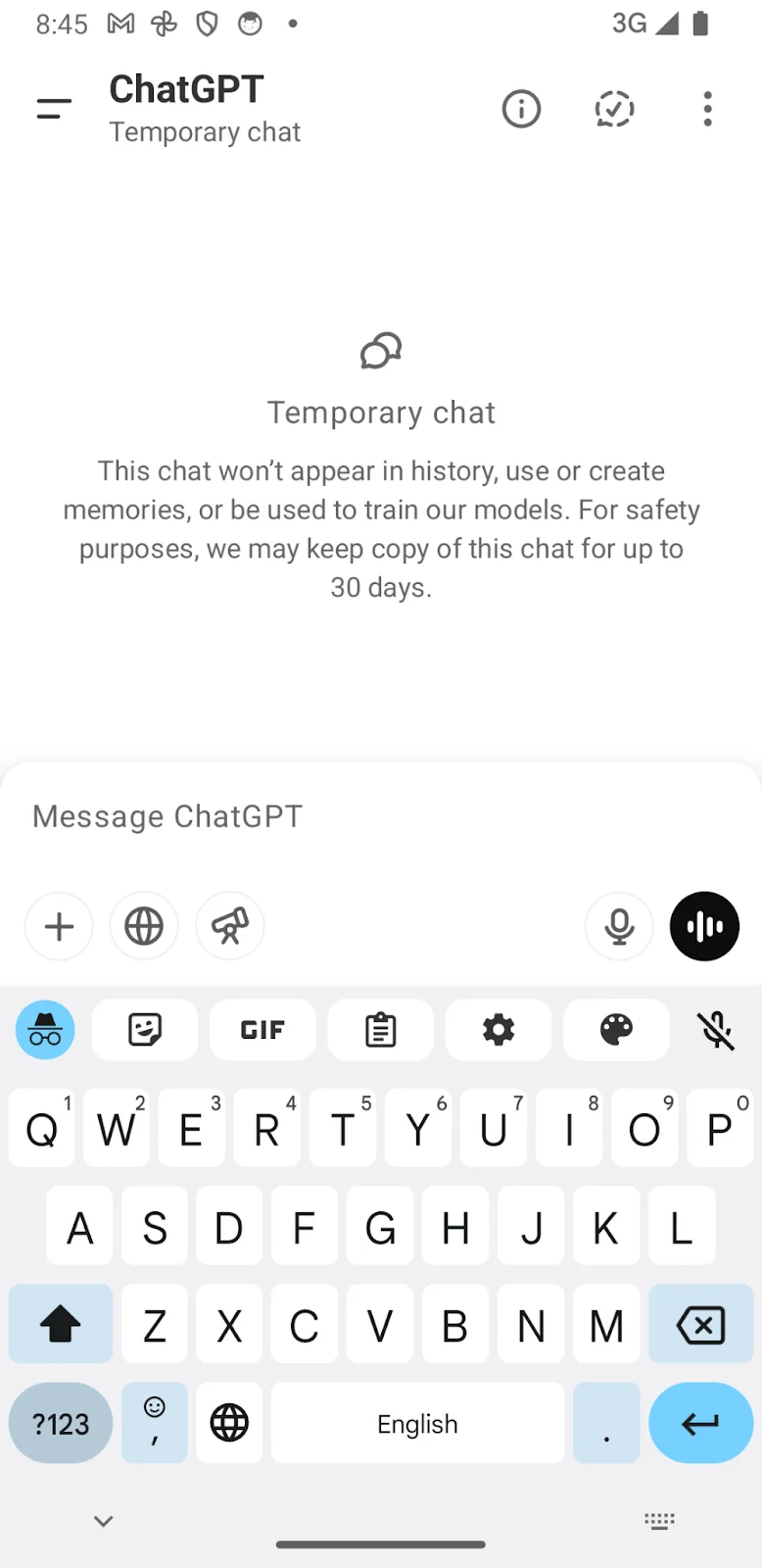 ChatGPT Android app Temporary chat screen with notice that chats are not saved to history or used to train models