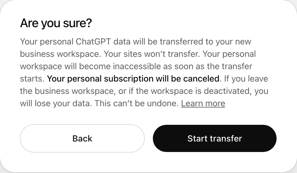 Transfer confirmation dialog titled Are you sure?, with Back and Start transfer buttons. Internal review screenshot of default source copy; cancellation and data-access wording require review before customer-facing use.