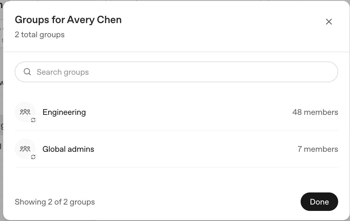 Groups for Avery Chen dialog listing Engineering and Global admins, with group member counts and a search field.