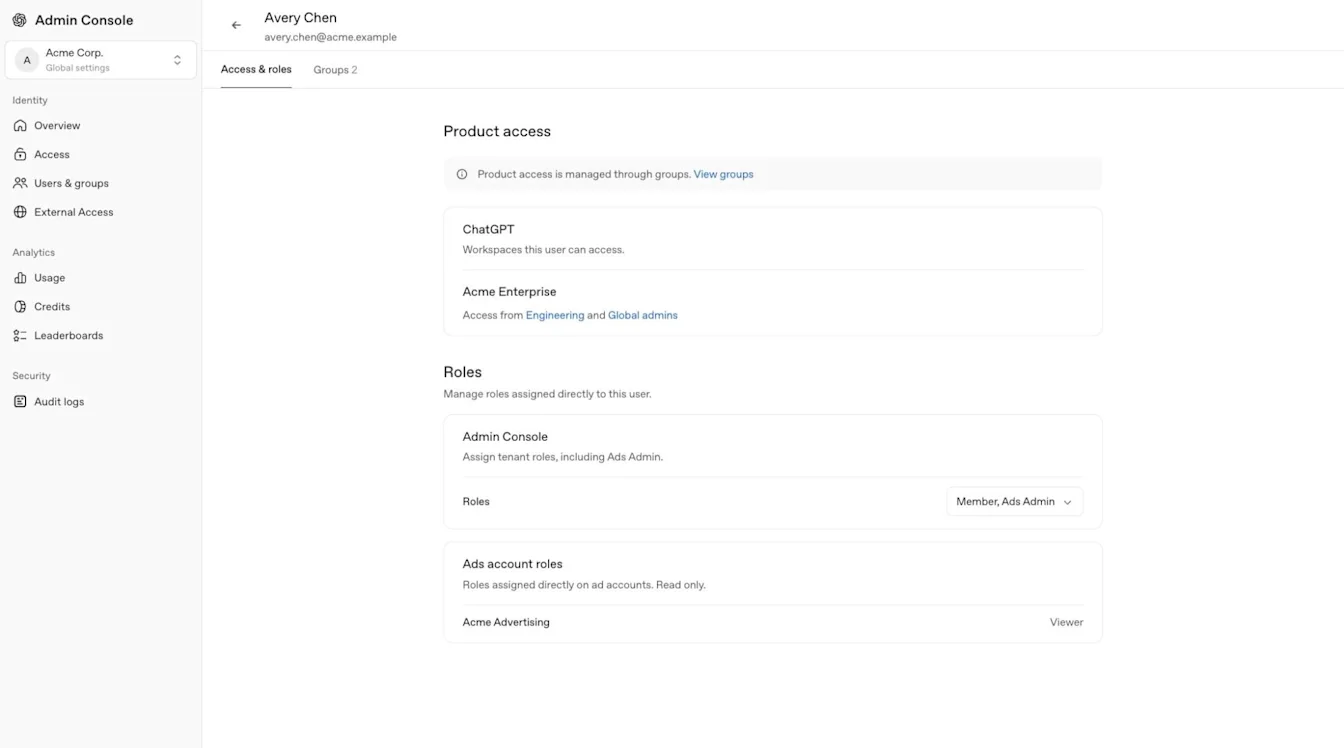 Screenshot of an Admin Console user profile for Avery Chen on the Access & roles tab. A left navigation sidebar shows sections such as Overview, Access, Users & groups, External Access, Usage, Credits, Environments, and Audit logs. The main panel lists product access for ChatGPT, including Acme Enterprise, and role assignments for Admin Console and an Ads account.