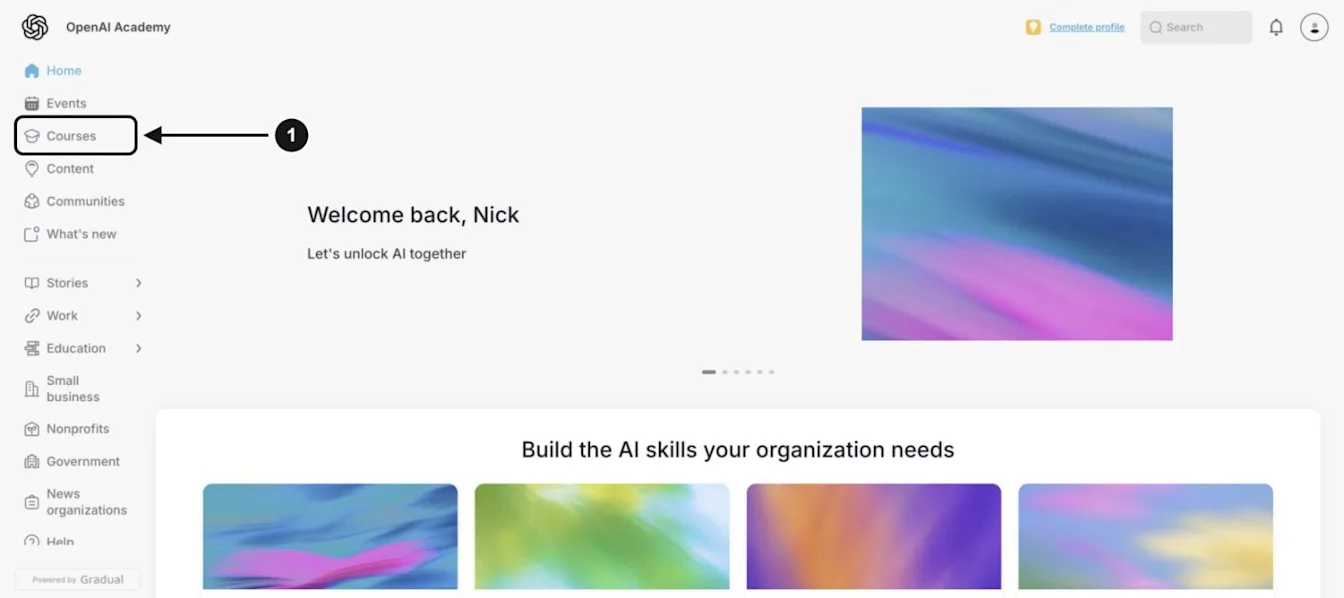 Academy home page with an arrow pointing to Courses in the sidebar.