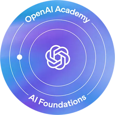 Blue and purple circular OpenAI Academy badge labeled AI Foundations.
