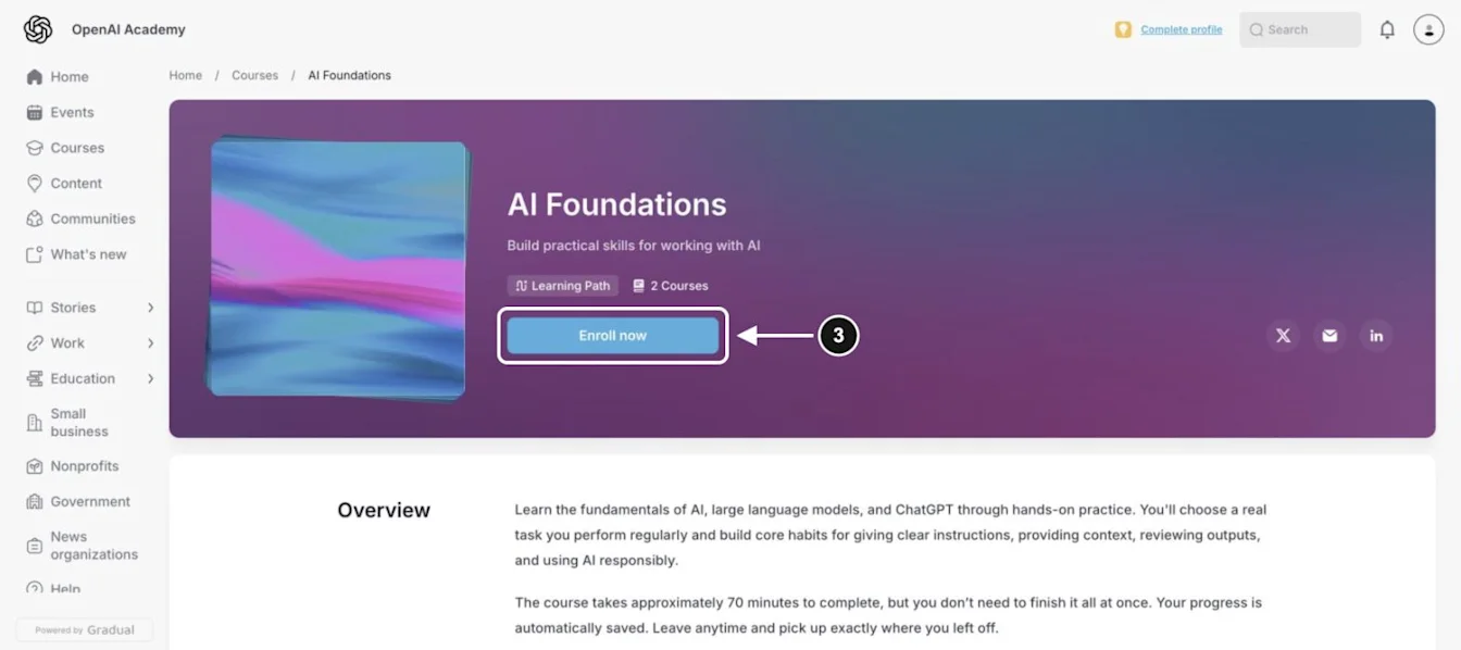 AI Foundations learning path page with arrows identifying Learning Path and Enroll now.