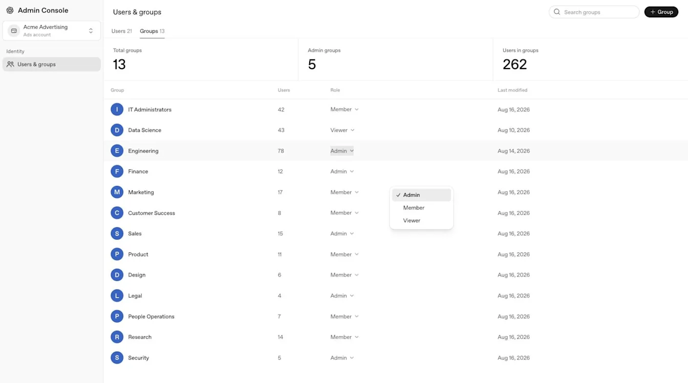 Groups tab for an Ads account in Admin Console, showing group roles and an open role menu with Admin, Member, and Viewer options.