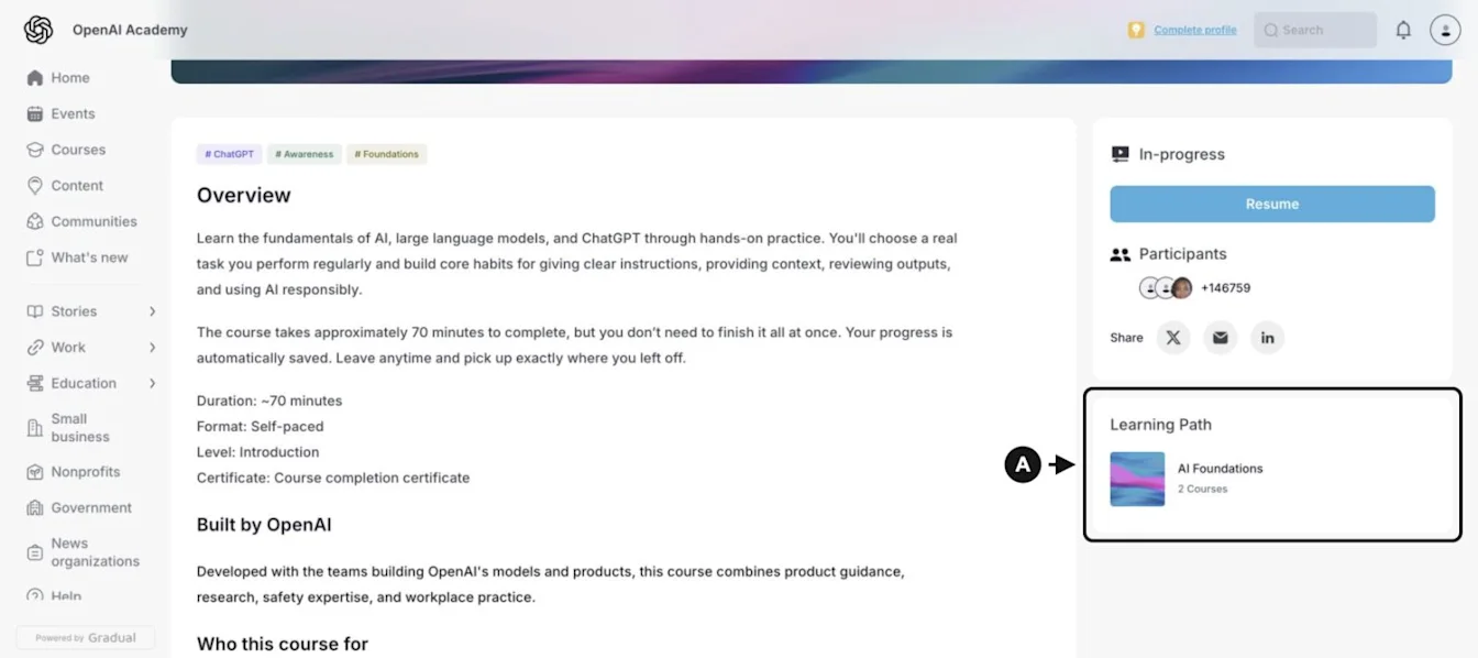 AI Foundations course overview with an arrow pointing to the Learning Path card.