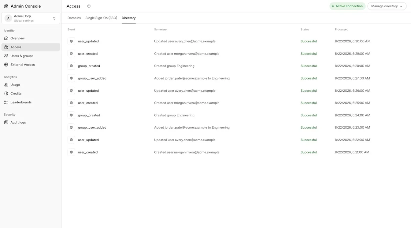 Admin Console Directory tab showing an active connection and successful user and group synchronization events, with summaries and processing times.