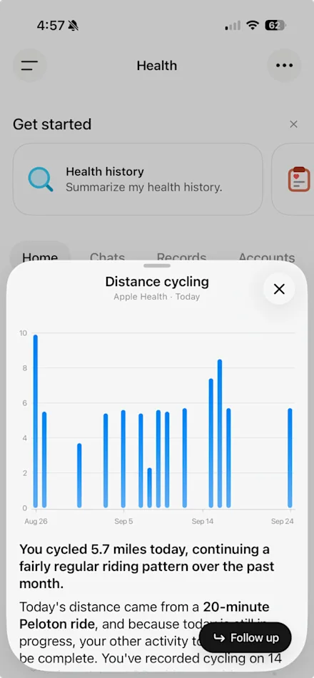 Health on mobile showing a cycling-distance chart and a personalized explanation of recent activity.