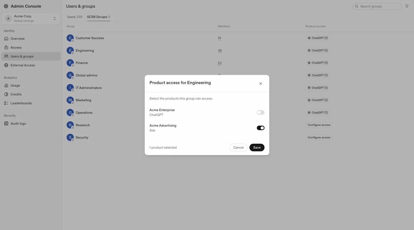 Product access dialog for the Engineering SCIM group, with ChatGPT workspace and Ads account access toggles and Save and Cancel buttons.