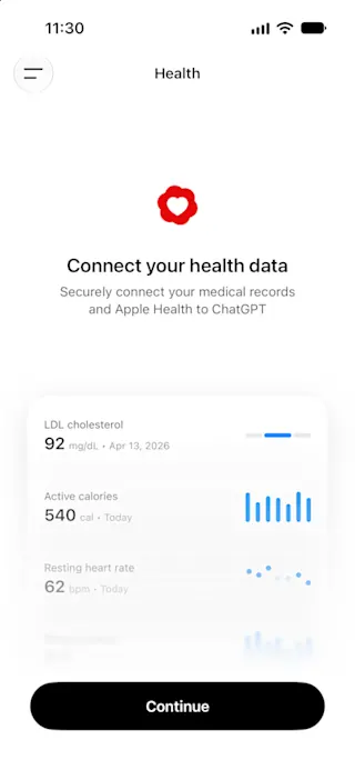 ChatGPT Health on iOS showing “Connect your health data,” options to connect medical records and Apple Health, and a Continue button.