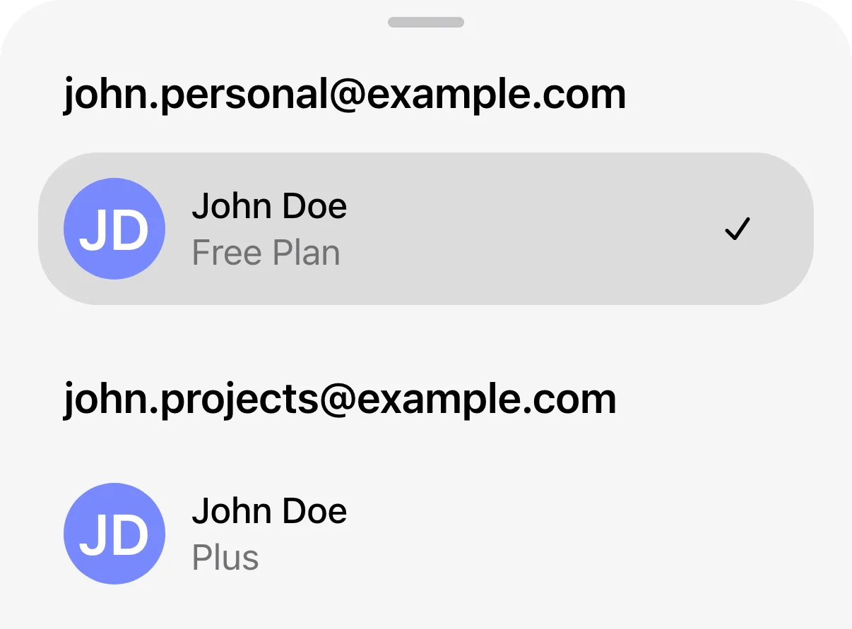 Account switcher showing two example accounts, with a checkmark next to the active Free Plan account.