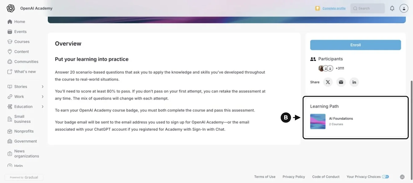 AI Foundations assessment overview with an arrow pointing to the Learning Path card below the assessment enrollment controls.