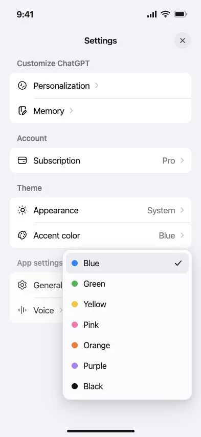 ChatGPT for iOS Settings showing the Theme section with Accent color set to Blue and the available color options.