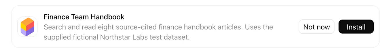 Finance Team Handbook plugin card with its description and Not now and Install buttons.