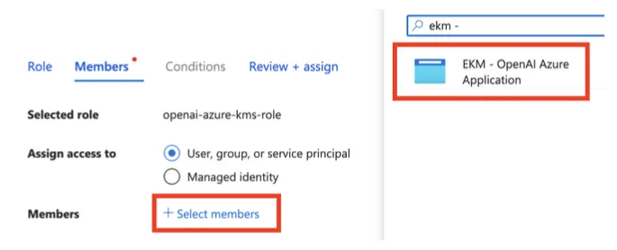 Azure role assignment Members step with EKM - OpenAI Azure Application selected as a member