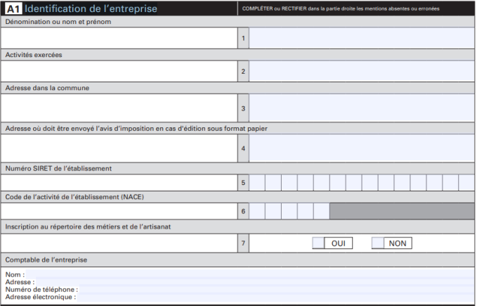 Formulaire CFE - Cadre A1 : identification de l'entreprise