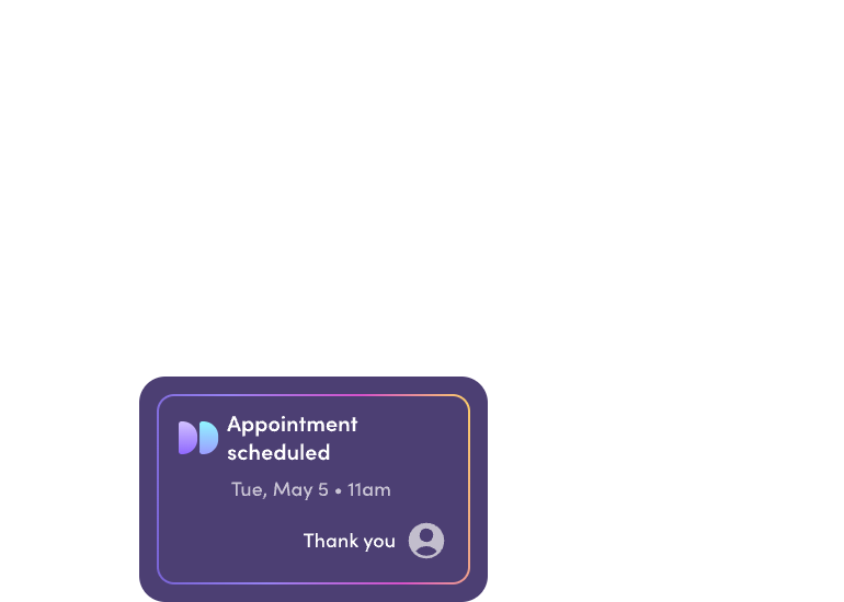Appointment confirmation showing a service visit scheduled for Tuesday, May 5 at 11 a.m.