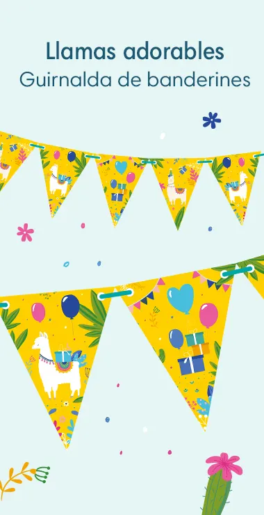 Nuestros banderines están decorados con divertidas ilustraciones y motivos, con un alegre fondo amarillo, plantas verdes, regalos y globos ¡y la adorable llama!