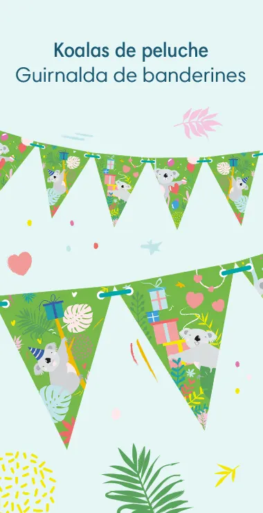 Our pennant banners are decorated with fun illustrations and motifs, with a bright green background, colorful plants, presents, and balloons and the cuddly koala!