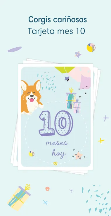 Printed cards to celebrate your baby's 10 monthiversary. Decorated with happy motifs  including the charming corgi and a celebration note: 10 months today!