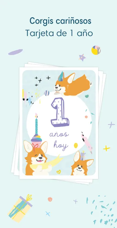 Printed cards to celebrate your baby's 1st birthday. Decorated with happy motifs  including the charming corgi and a celebration note: 1 year's old today!
