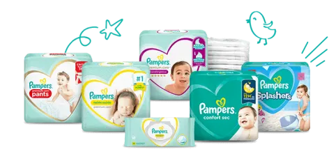 Catálogo de productos Pampers: pañales, calzoncitos para bebés y toallitas húmedas.