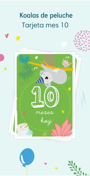 Printed cards to celebrate your baby's 10 monthiversary. Decorated with happy motifs  including the cuddly koala and a celebration note: 10 months today!
