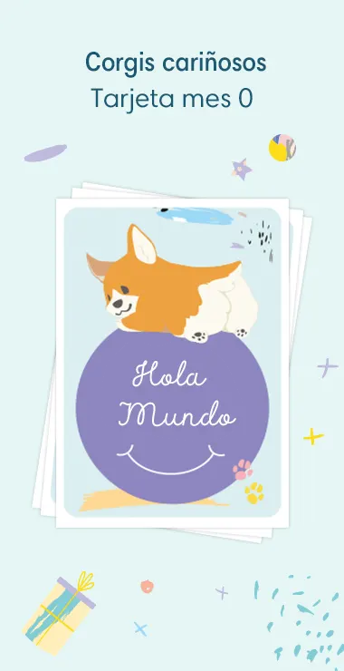 Printed cards to celebrate your baby's birth. Decorated with happy motifs  including the charming corgi and a celebration note: Hello World!
