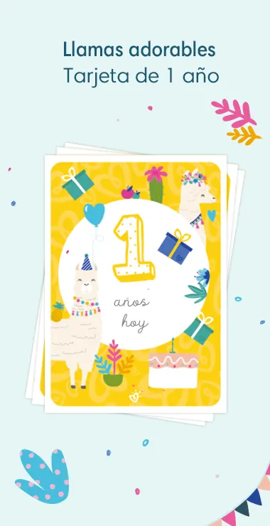 Tarjetas impresas para celebrar el 1er cumpleaños de tu bebé. Decoradas con alegres motivos que incluyen la adorable llama y una nota de celebración: ¡Hoy cumple 1 año!