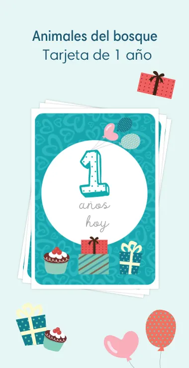 Printed cards to celebrate your baby's birth. Decorated with happy motifs  includinga presents, cakes, and balloons and a celebration note: 1 year old  today!