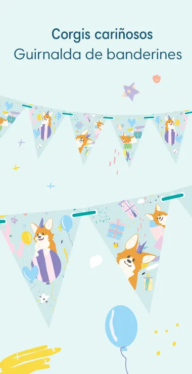 Our pennant banners are decorated with fun illustrations and motifs, with a light blue background, colorful shapes, presents, and balloons and the charming corgi!