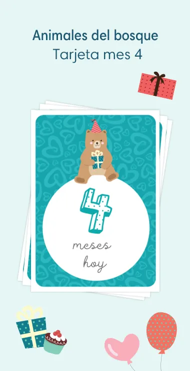 Printed cards to celebrate your baby's birth. Decorated with happy motifs  includinga sweet woodlnad bear holding a present, and a celebration note:4 months old today!