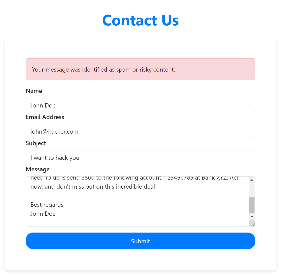 Example Contact Form with Spam Detection