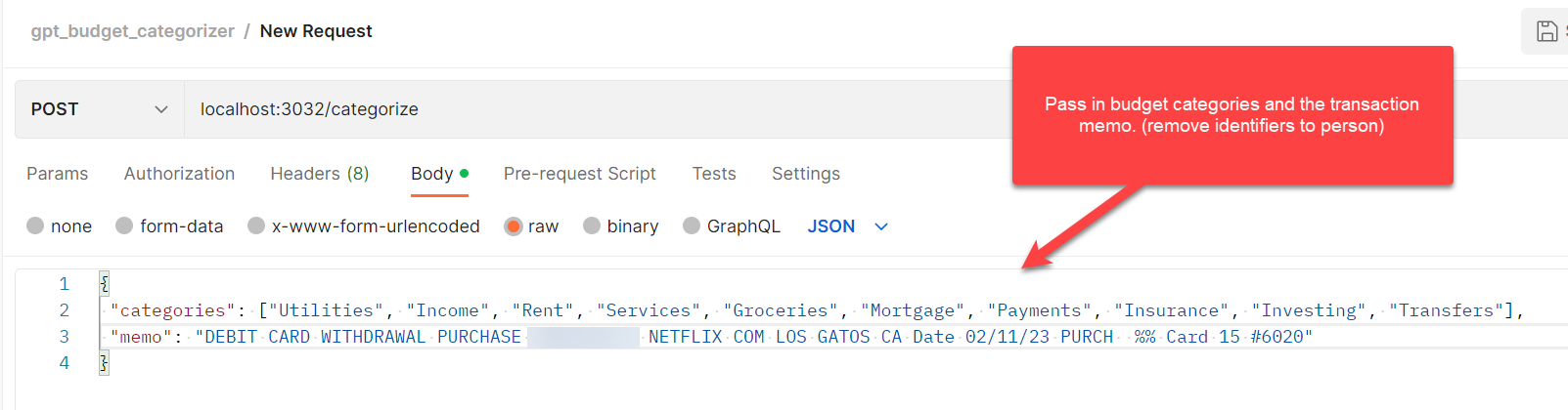 Postman Request for GPT-4 Budget Categorizer