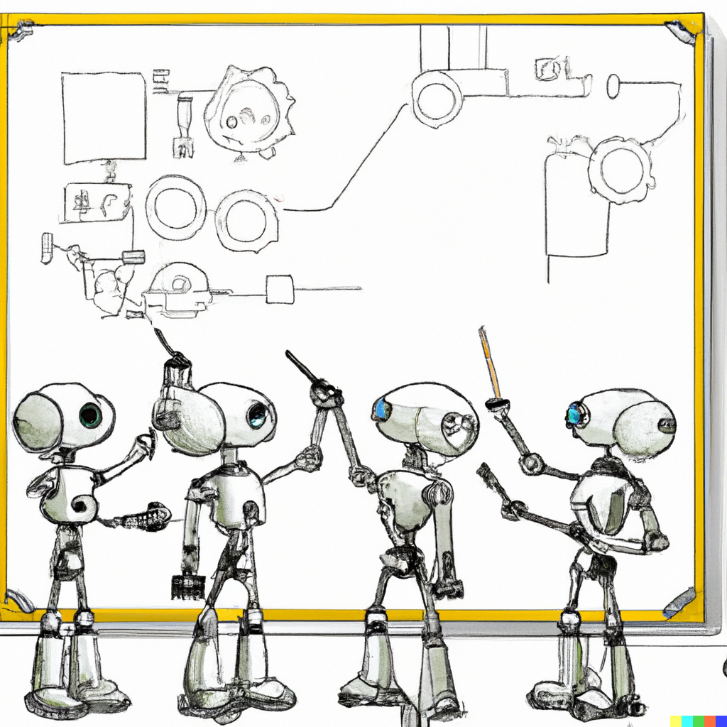 robots planning a product on whiteboard digital art